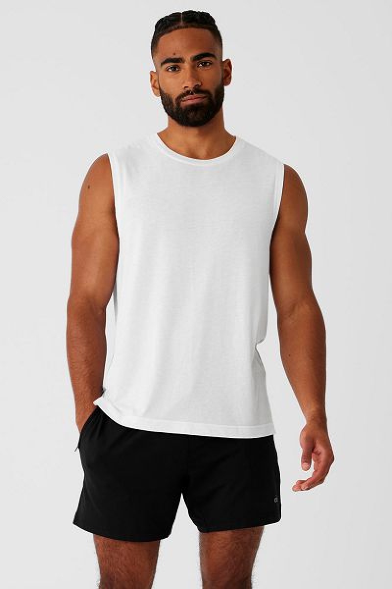 Camisetas Regata Alo Yoga Sports Club Palms Muscle Masculino Branco Pretas | 7260-COHNS