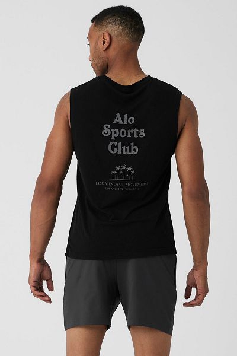 Camisetas Regata Alo Yoga Sports Club Palms Muscle Masculino Pretas Cinzentas Escuro | 1580-SMUPA