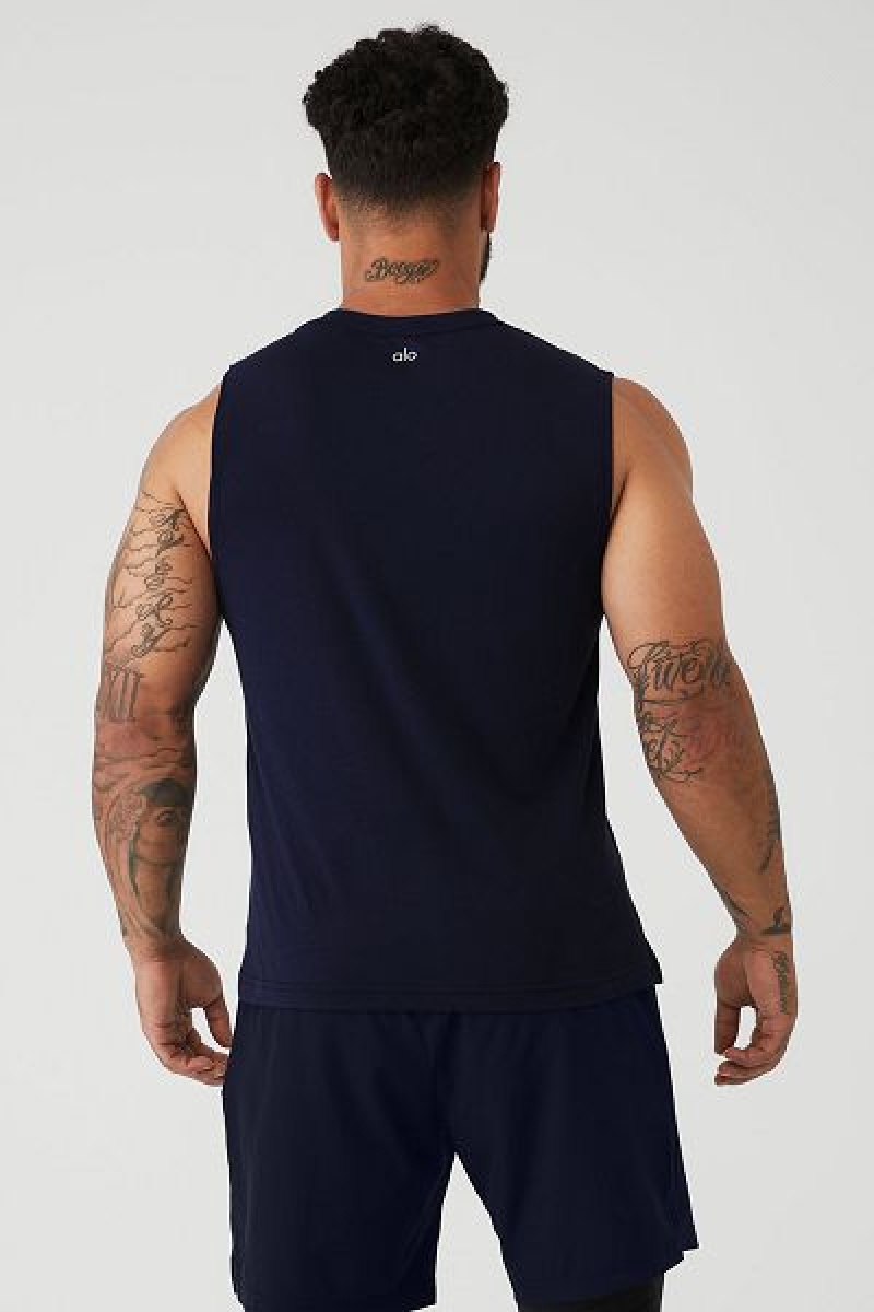 Camisetas Regata Alo Yoga The Triumph Muscle Masculino Azul Marinho | 4967-WVFXI