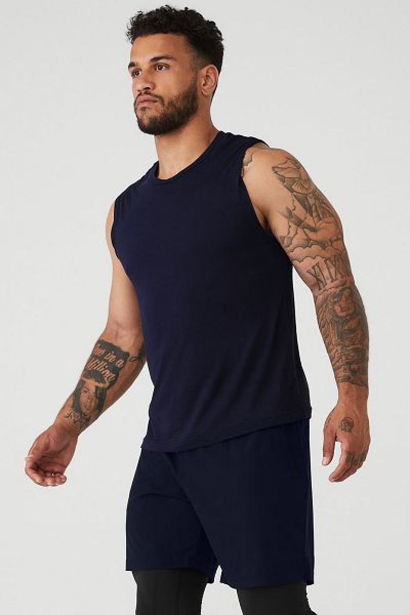 Camisetas Regata Alo Yoga The Triumph Muscle Masculino Azul Marinho | 4967-WVFXI