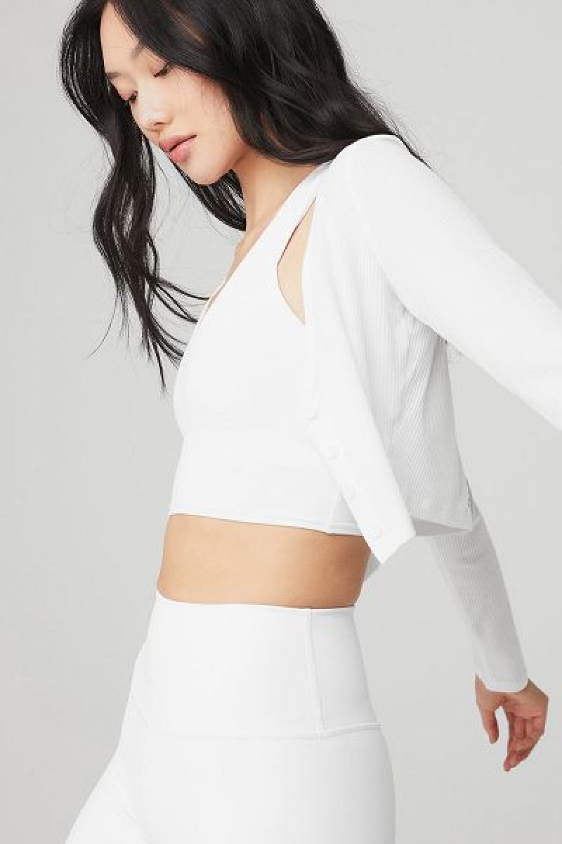 Cardigan Alo Yoga Com Nervuras Cropped Whisper Feminino Branco | 0486-MGTNB