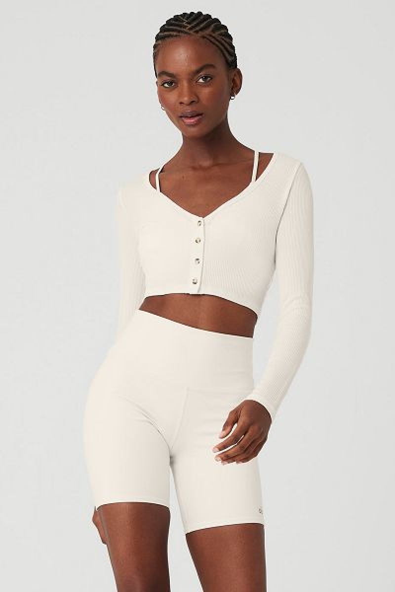 Cardigan Alo Yoga Com Nervuras Cropped Whisper Feminino Branco | 6534-ERWDL