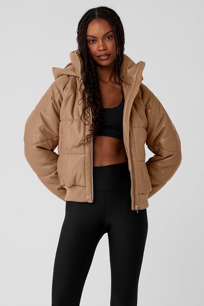 Jaqueta Puffer Alo Yoga Faux Couro Boss Feminino Caqui | 4158-VLXCN