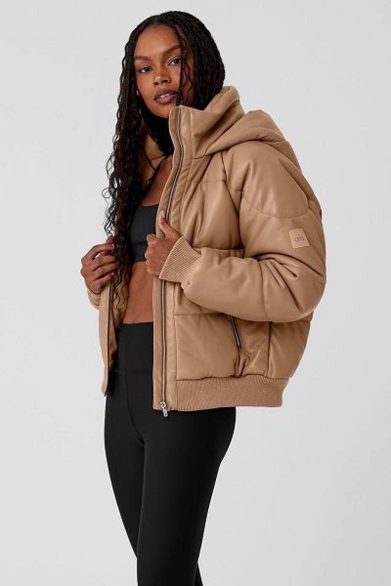 Jaqueta Puffer Alo Yoga Faux Couro Boss Feminino Caqui | 4158-VLXCN