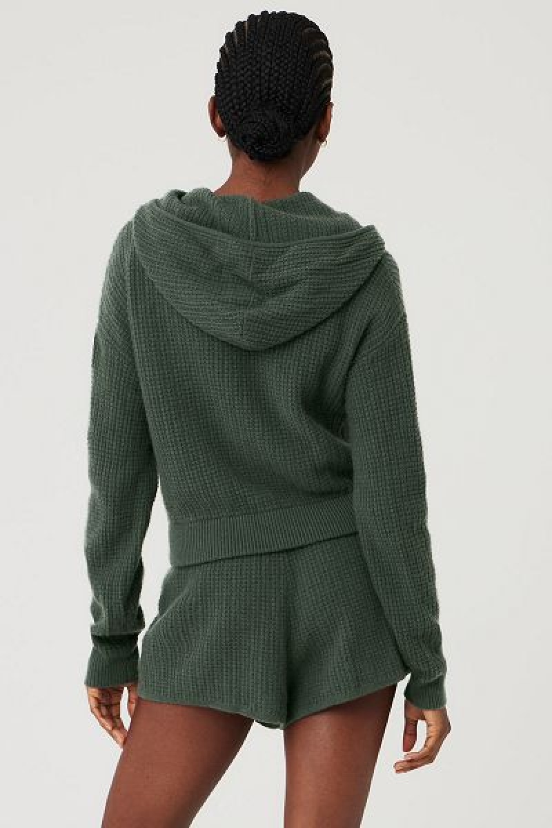 Moletom com Capuz Alo Yoga Cashmere Plush Waffle Full Zip Feminino Verdes Escuro | 4015-UJBEA