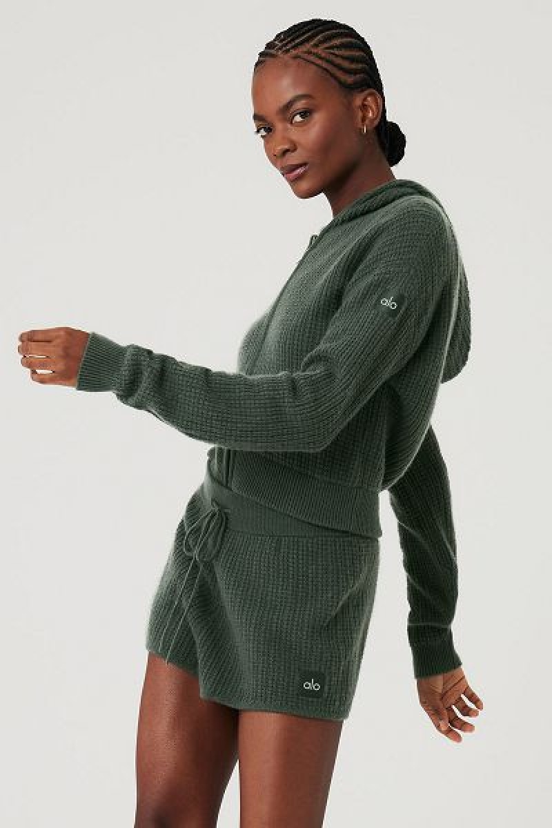 Moletom com Capuz Alo Yoga Cashmere Plush Waffle Full Zip Feminino Verdes Escuro | 4015-UJBEA