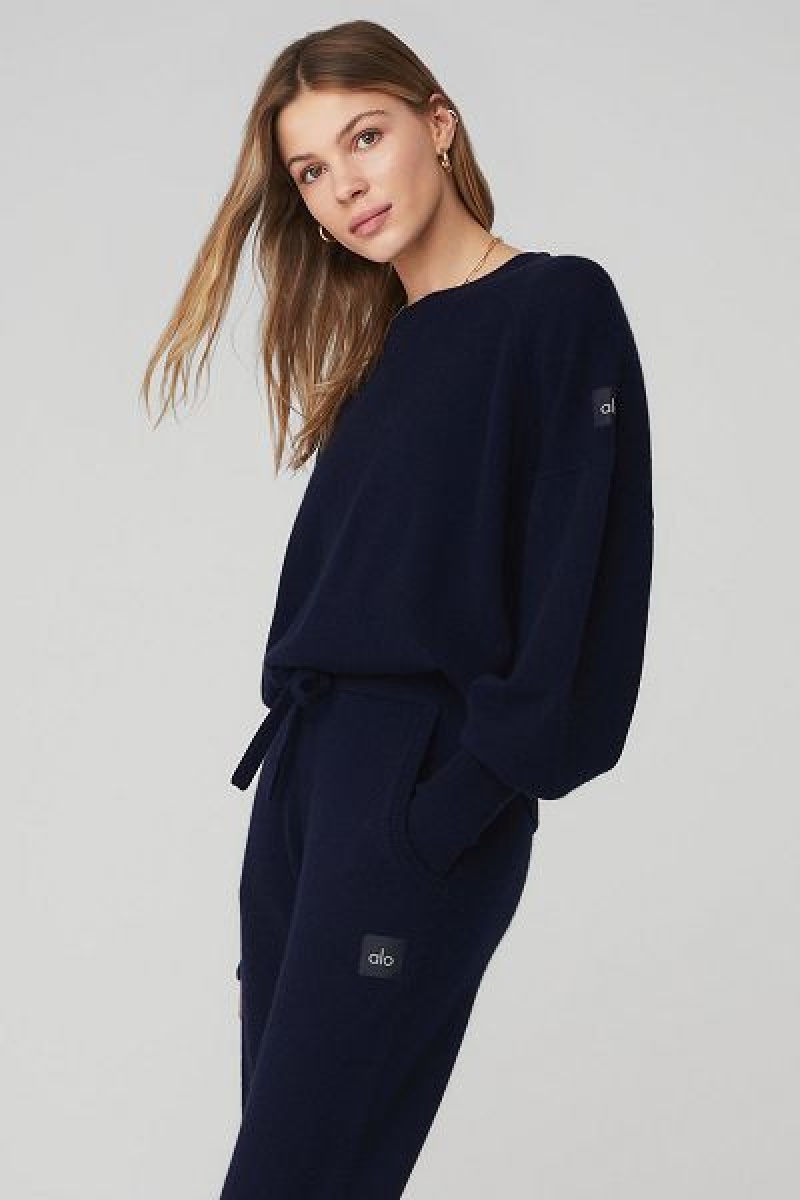 Pullovers Alo Yoga Cashmere Jet Set Crew Feminino Azul Marinho | 5487-PEHXR