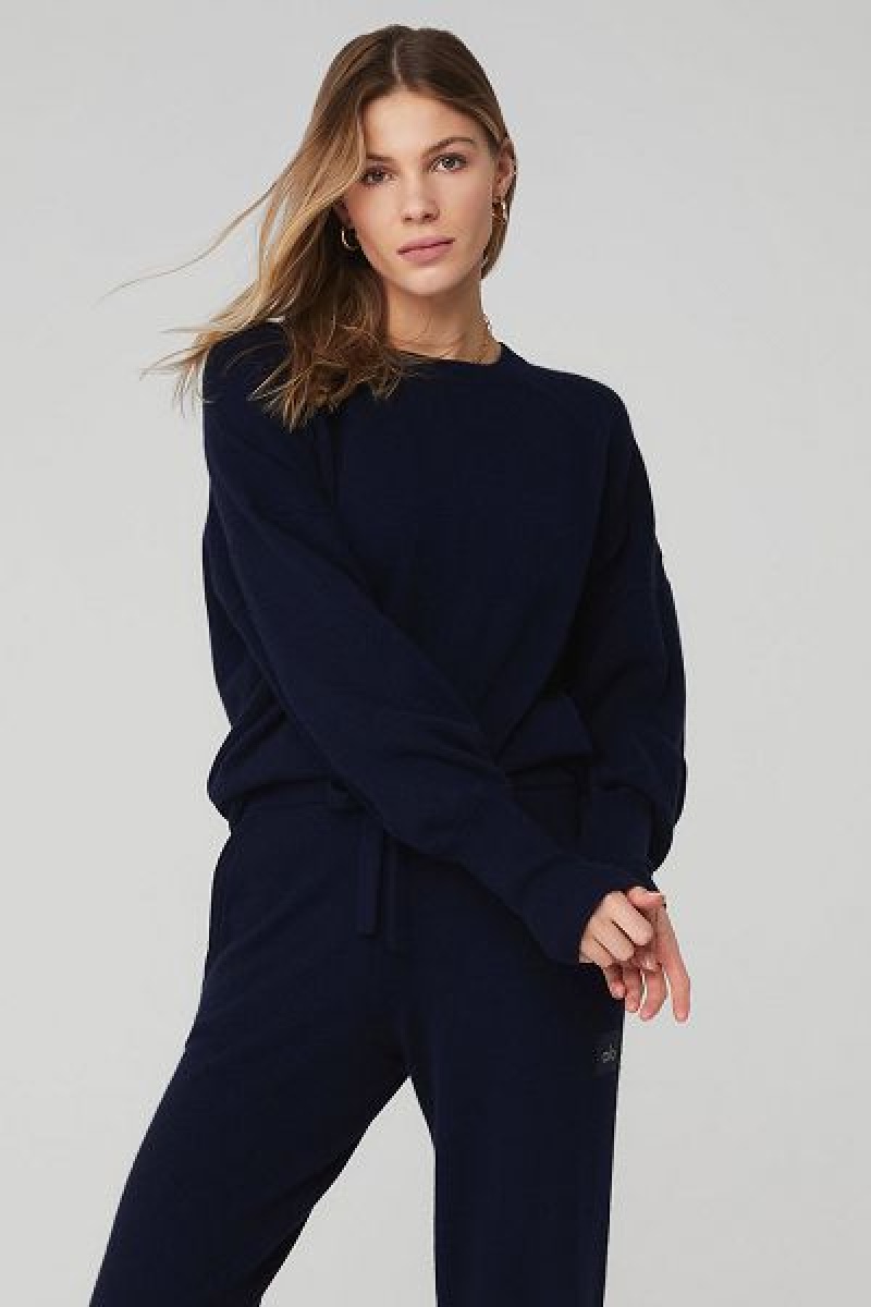 Pullovers Alo Yoga Cashmere Jet Set Crew Feminino Azul Marinho | 5487-PEHXR