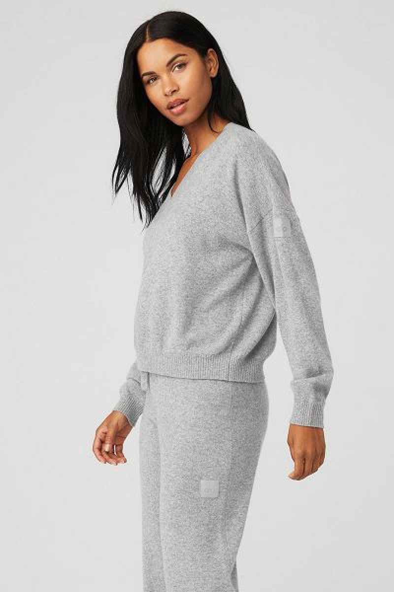 Pullovers Alo Yoga Cashmere Jet Set V-Neck Feminino Cinzentas | 2948-CUJQL