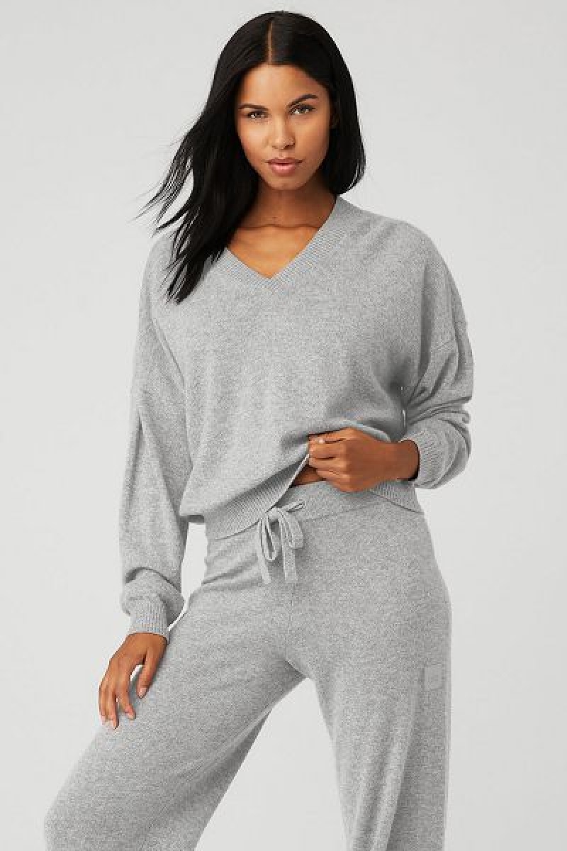 Pullovers Alo Yoga Cashmere Jet Set V-Neck Feminino Cinzentas | 2948-CUJQL