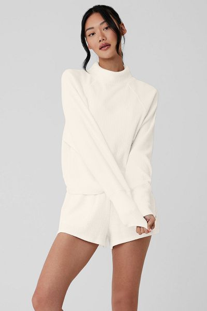 Pullovers Alo Yoga Waffle Weekend Escape Mock Neck Long Sleeve Feminino Branco | 4913-HCJYE