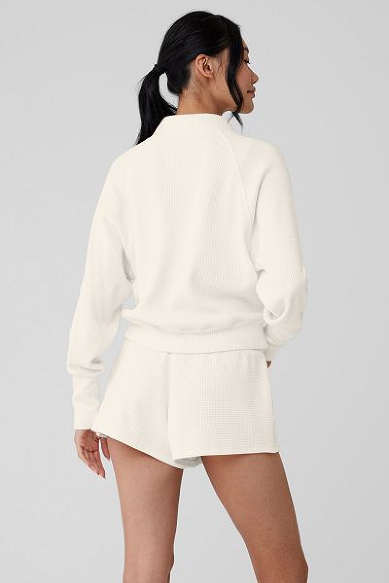 Pullovers Alo Yoga Waffle Weekend Escape Mock Neck Long Sleeve Feminino Branco | 4913-HCJYE