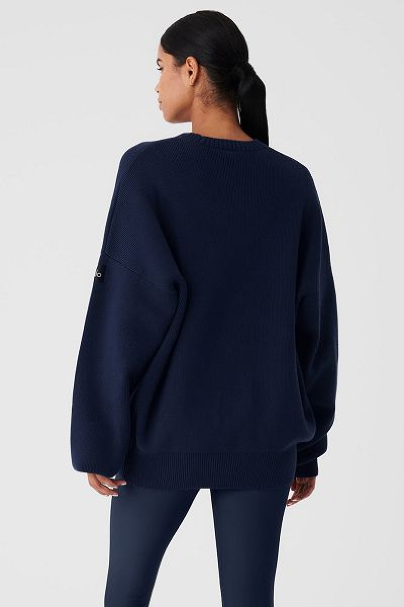 Suéteres Alo Yoga Scholar Crew Neck Feminino Azul Marinho | 8304-SONDC