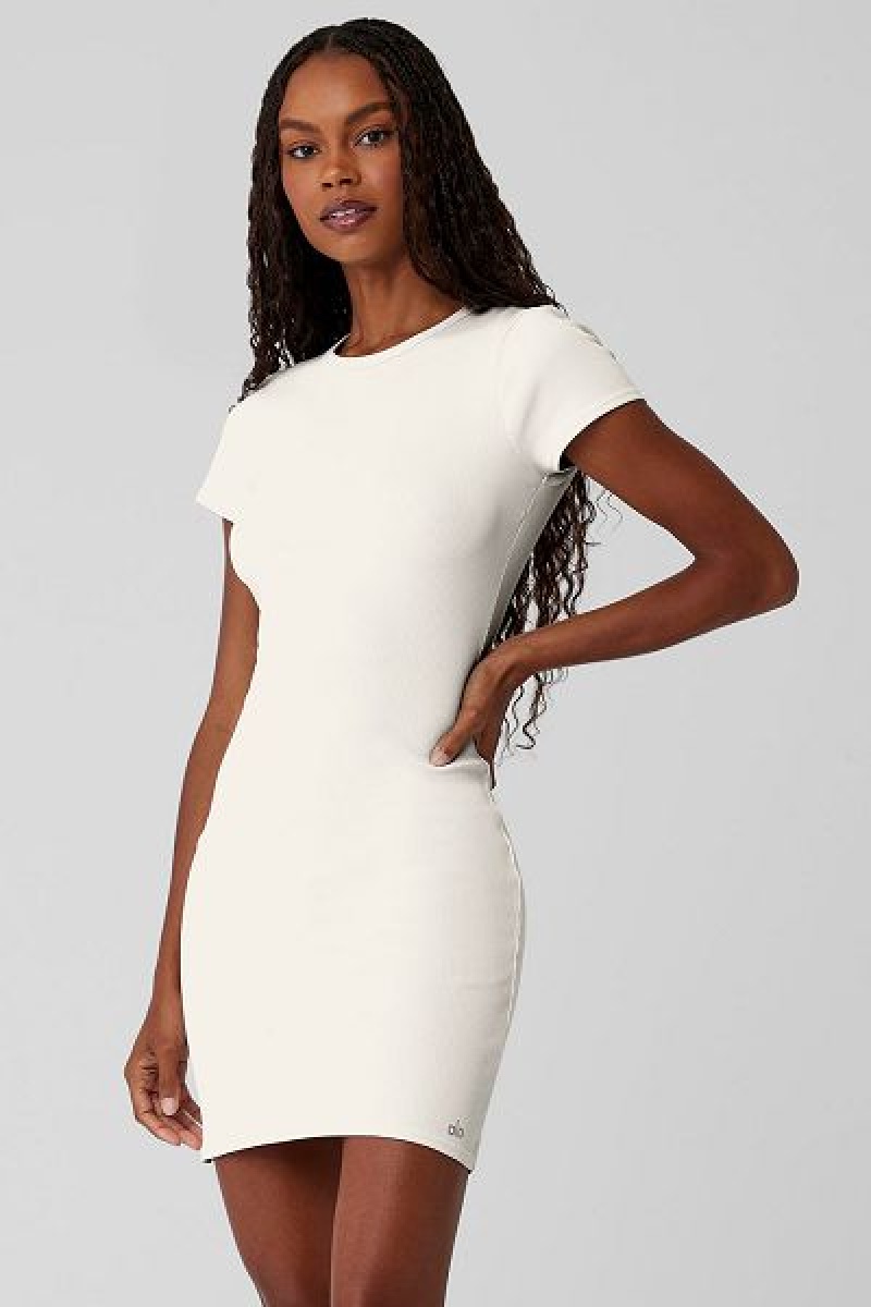 Vestido Alo Yoga Goddess Com Nervuras Curta Sleeve Feminino Branco | 1293-ULSJP